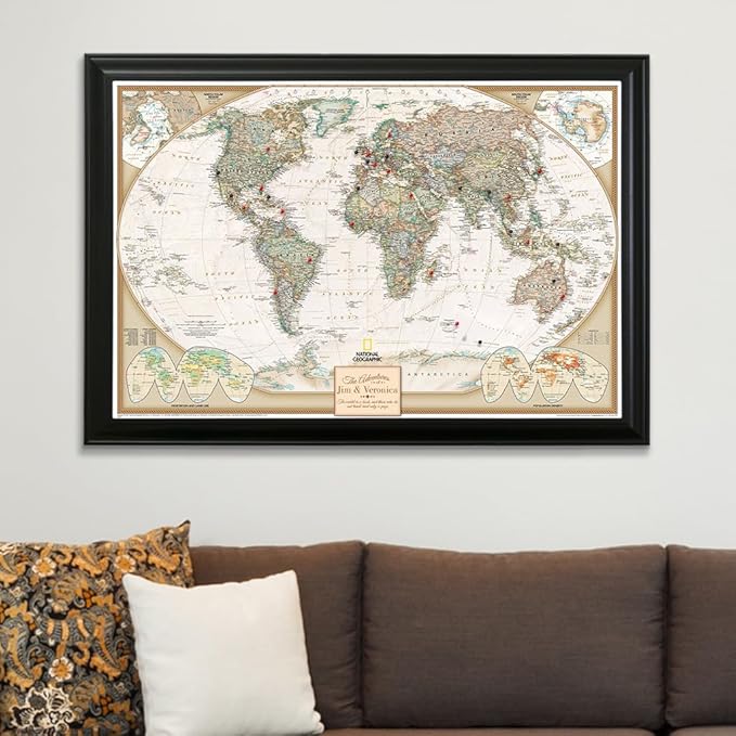 Canvas Executive World Map Pin Board – Framed Travel Map with Pins for Wall – Personalized Push Pin World Map for Tracking Journeys – 27.5" x 39.5" Black Frame