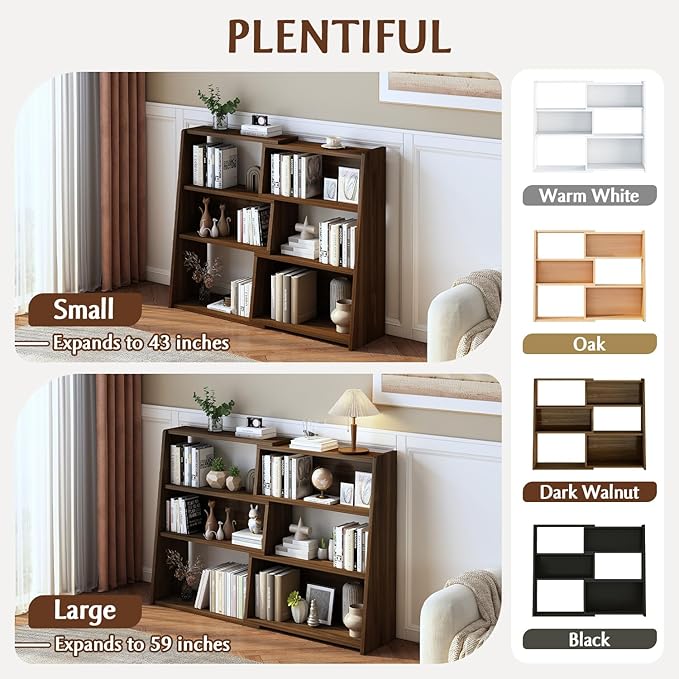 IOTXY Wooden Extendable Shelf Bookcase - 3-Tier Ladder Low Short Bookshelf for Small Space or Corner, Dark Walnut, S