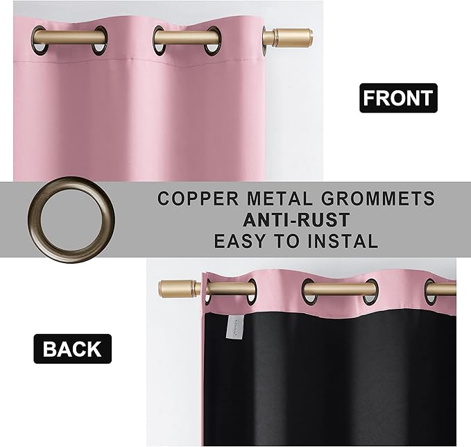 100% Blackout Curtain 2 Panels , Heat and Full Light Blocking Drapes with Grommets for Bedroom, Thermal Insulated Window Treatment Drapes for Living Room (Pink, 52Wx45L)