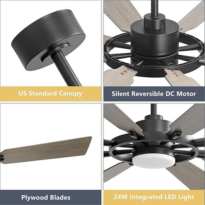 ELEHINSER 60 Inch Ceiling Fan with Lights and Remote Control, 8 Plywood Blades, 6-Speed Noiseless Reversible DC Motor, 3CCT, Windmill Ceiling fan for Kitchen Bedroom Living Room, Black and Grey