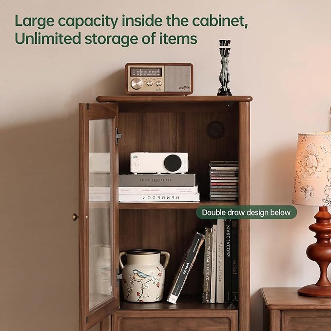 YESWOOD 78.74" L Solid Walnut Wood TV Stand & Side Cabinet, Mid Century Modern Media Console Entertainment Center Table with Storage, Living Room Cabinet with Glass Door & Adjustable Shelf & Drawers