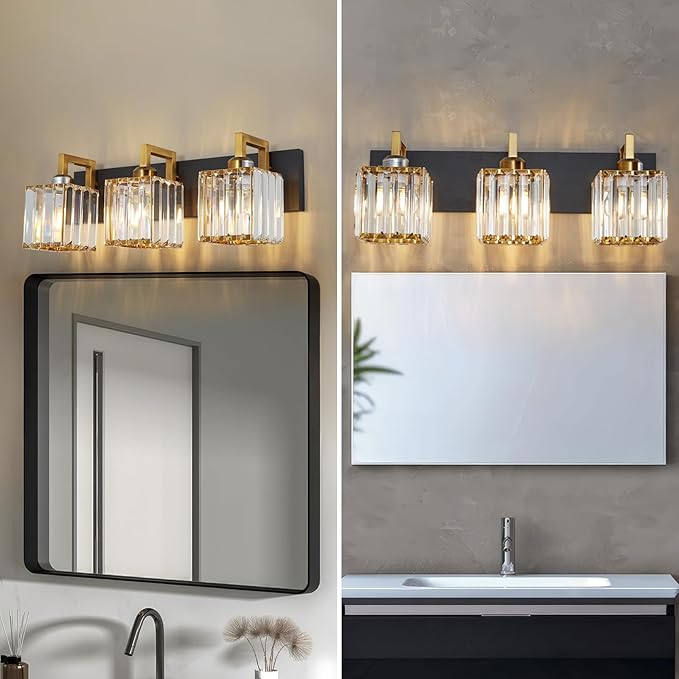 Modern Bathroom Vanity Light 3-Lights Black Gold Crystal Wall Lamp Bathroom Modern Crystal Vanity Lighting