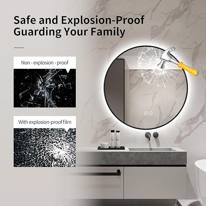 Round LED Bathroom Mirror with Gold Frame, 24V Backlight, 3 Color Temperatures, Dimmable, Memory Function, Defogging (Black Border, 24" L x 24" W)