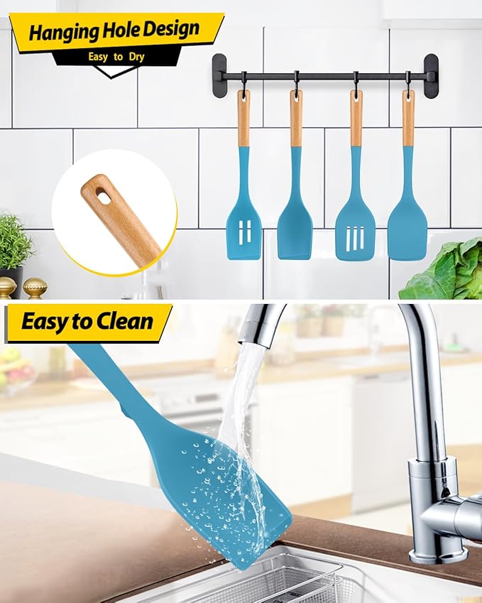 Pack of 4 Silicone Kitchen Utensils Set, Non Stick Solid Spatulas and Heat Resistant Slotted Spoons with Wooden Handle, Ideal BPA Free Cooking Utensils for Mixing,Serving,Turning,Stirring(BLUE)