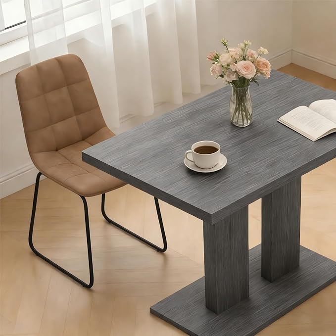 46" Dining Table for 4, Modern Rectangular Dining Room Table with Sturdy Pedestal Base, Thickened Tabletop, MDF Grey Wood Finish Kitchen Table for Breakfast Nook, Home & Apartment