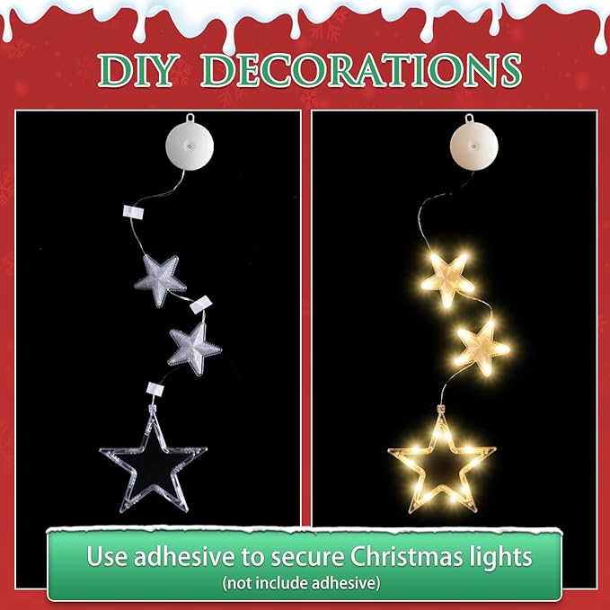 [Timer 3Pcs Christmas Window Lights Decorations,Battery Powered Christmas Hanging Warm White Lighted Tree Bell Star Shaped LED Sucker for Xmas Tree Fireplace Indoor Outdoor Decor