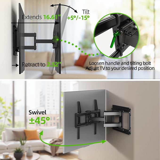 USX MOUNT Heavy Duty for 37-90 inch Large Full Motion TV Wall Mount, Up to 150lbs & 24" Wood Studs, Wall Mount TV Bracket with Smooth Swivel, Tilt, Extension, Max VESA 600x400mm