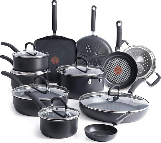 T-Fal Ultimate Hard Anodized Nonstick Cookware Set 17 Piece, Nonstick Pots and Pans Set with Fry Pan, Saucepans, Saute-Pan, Griddle, Dishwasher Safe, Black