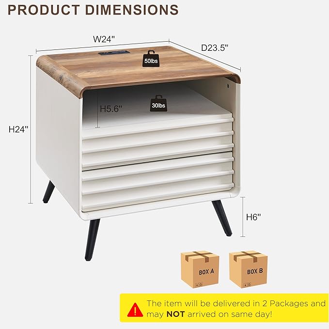 RedLemon 24" Nightstand Set of 2 with Charger Station, Mid Century Modern Fluted End Table with 2 Drawers，Wooden Side Table with Open Cubby Storage for Living Room, Bedroom, Office (Antuique White)