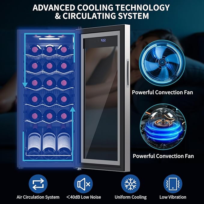 18 Bottle Wine Cooler with 41-68℉ Digital Temperature Control Stainless Steel 1.7 Cu.Ft LED Light undercounter Glass Door Compressor Small Compact for Red, White and Champagne Beer