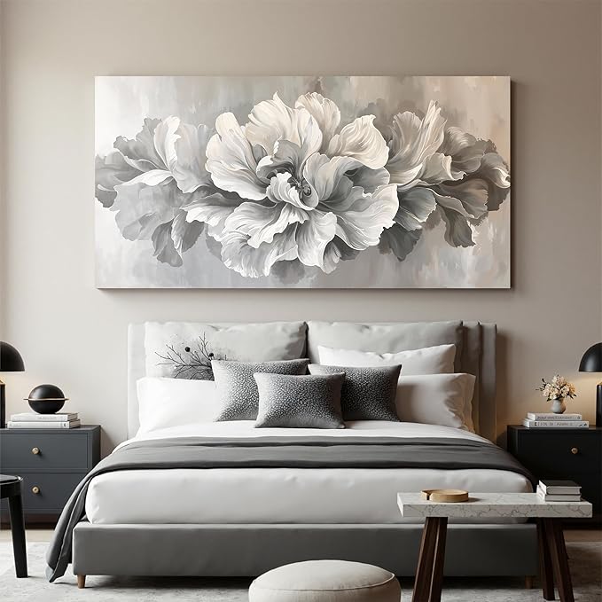 Canvas Wall Art Decor Oversized White Flower Wall Decor For Living Room Pictures Art Decoratives Prints Modern Aesthetics artwork Gray Floral Wall Art For Home Bedroom Office Room Wall Decor 29×58 In