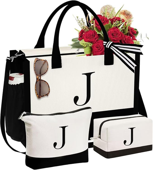 YOOLIFE Christmas Gifts for Women - Initial Canvas Tote Bag & Makeup Bag, Birthday Gifts for Women Mom Sister Friends