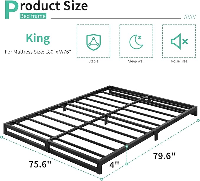 4 Inch King Size Bed Frame Sturdy Mattress Foundation, Heavy Duty Metal Platform with Steel Slats Support No Box Spring Needed, Noise Free, Easy Assembly, Black