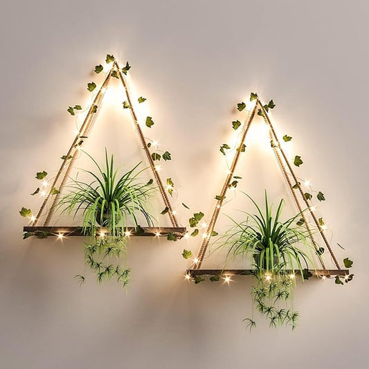 RICHER HOUSE Artificial Ivy LED-Strip Wall Hanging Shelves Set of 2, Macrame Shelf no Drilling for Living Room Decor, Bedroom, Kitchen, Wood Hanging Plant Shelves for Wall Décor