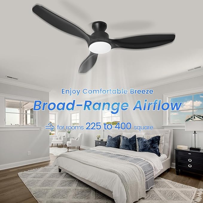 52" Ceiling Fan with Light and Remote, Flush Mount Ceiling Fan with 3 Blades, Low Profile Fan, 3 Color Dimmable Lights, 6 Speed, Queit DC Motor, Black Fan for Bedroom/Indoor/Outdoor/Living Room