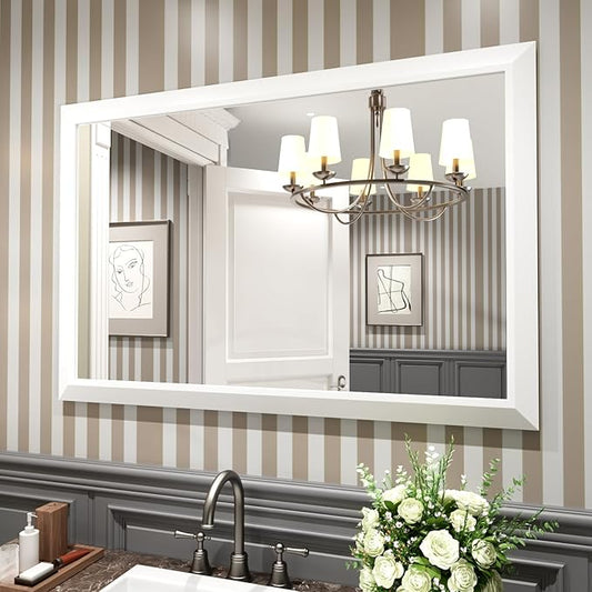 Amorho Bathroom Mirror, 48X32 Inch White Thick Metal Framed Wall Mirrors for Over 2 Sinks, Bedroom, Living Room, Entryway, Large Rectangle Wall-Mounted Mirrors.