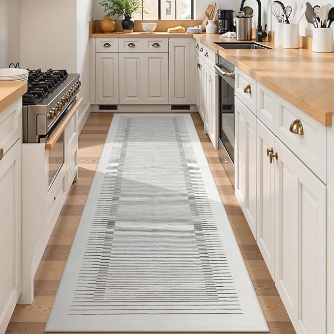Morebes Modern White 2.5x8 Hallway Runner Rug, Berber Striped Kitchen Rugs Non Slip Washable Runner Rug, Soft Low Pile Indoor Floor Carpet for Bathroom Bedroom Laundry