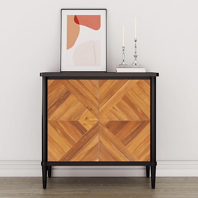 Lenia Solid Wood Storage Cabinet with Diamond Pattern Doors, Rustic Farmhouse Accent Cabinet for Living Room, or Entryway, Easy Assembly, Teak Brown
