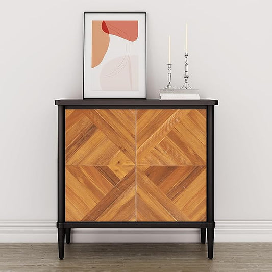 Lenia Solid Wood Storage Cabinet with Diamond Pattern Doors, Rustic Farmhouse Accent Cabinet for Living Room, or Entryway, Easy Assembly, Teak Brown