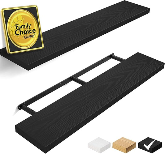 BAYKA Floating Shelves, 48 inch Wall Mounted Rustic Wood Shelves for Bathroom, Bedroom, Living Room, Kitchen, Office, Hanging Shelf for Books/Storage/Decor(Black,Set of 2)