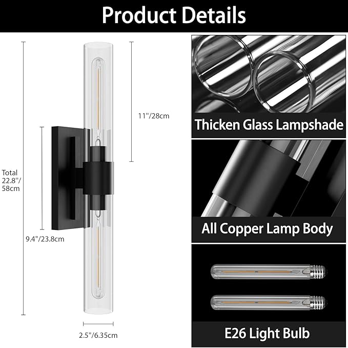 YUYI Black Wall Sconce, 22.8'' Wall Light for Bathroom Vanity, Modern Wall Lighting Fixture with Clear Glass Shade, Indoor Wall Sconce for Bathroom Vanity, Bedroom, Living Room, Hallway, Fireplace