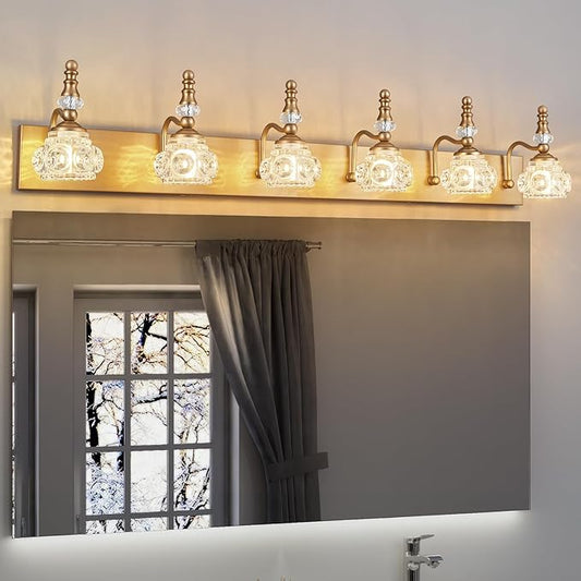 Modern Glass Crystal Vanity Light - Vintage Bathroom Lighting Fixtures Over Mirror, 6 Light Vanity Lights G9 Bulb (43.3 Inch,Brass)