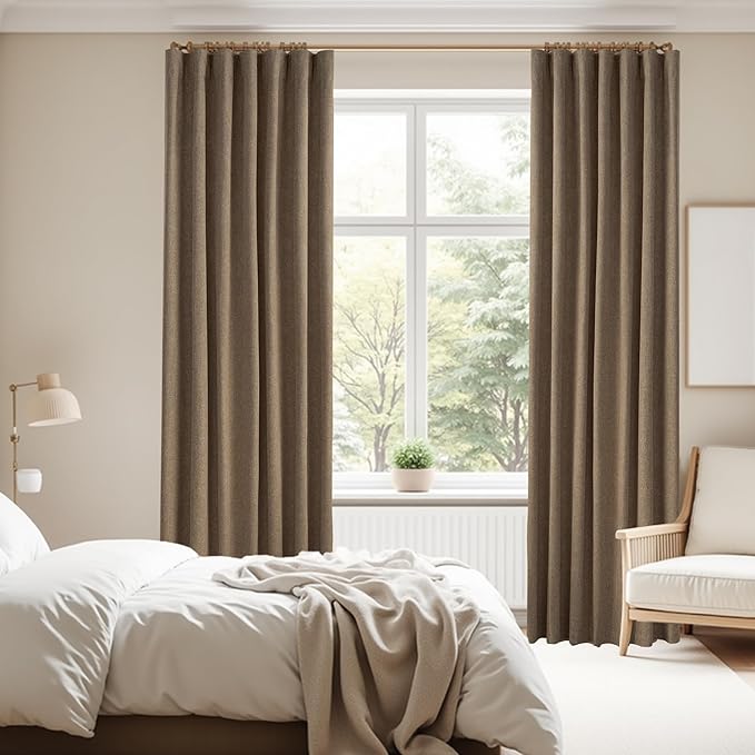 100% Blackout Brown Linen Curtains 90 Inches Long for Bedroom, Hook Belt Back Tab Farmhouse Tan Curtains Light Blocking Noise Reducing for Living Room Office, Rustic Privacy Draperies(52x90, 2 PCs）