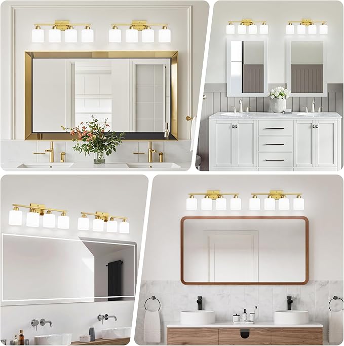 4 Light Gold Light Fixture Bathroom, Brushed Gold Vanity Light with Milky White Frosted Glass Shades, Lights for Bathroom Mirror for Living Room Bedroom Hallway E26 Base