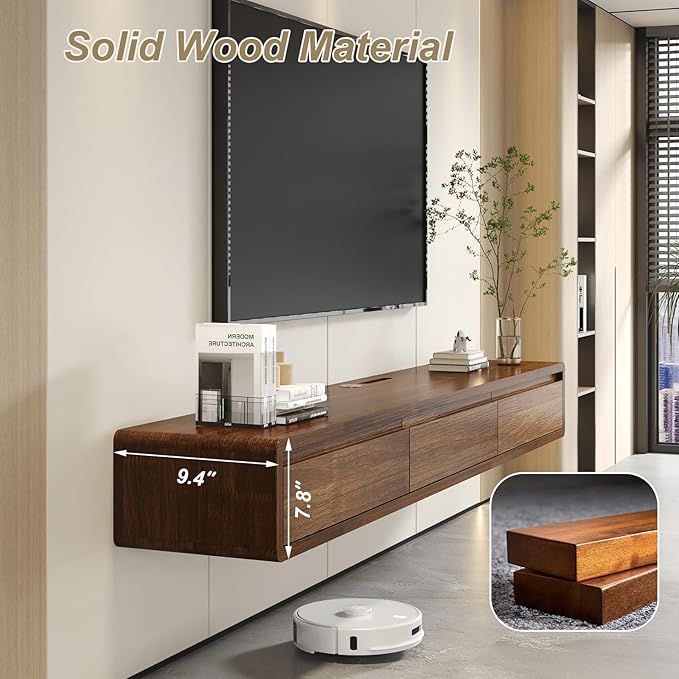 Solid Wood Floating TV Stand, Wall Mounted Entertainment Center with 2 Drawers, Floating TV Shelf for Living Room Bedroom & Office (Walnut, 55in)
