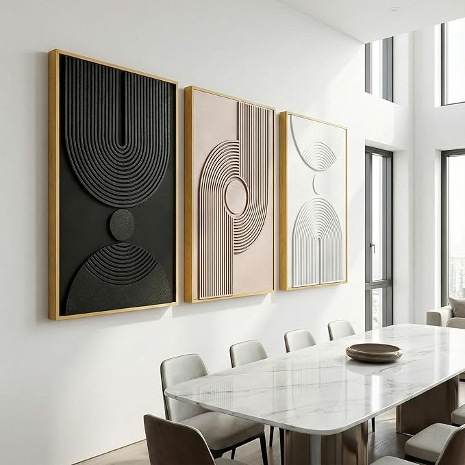 Large 3D Textured Framed Neutral Abstract Wall Art for Living Room, 3 Piece Modern Minimalist Artwork for Walls, Black White Beige Geometric Arches Pictures for Entryway Office Decor 24x36 In