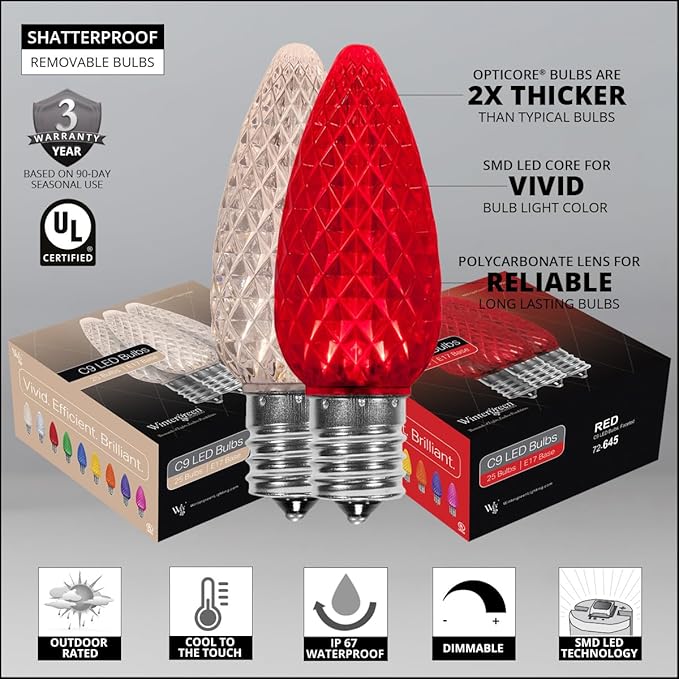 Wintergreen Lighting OptiCore LED C9 Red and Warm White Christmas Pathway Lights, Heavy Duty Bulbs for Driveway, Walkway Marker, 5" Commercial PathPRO Stakes, 18 Gauge Green Wire, 100 Lights, 100 ft