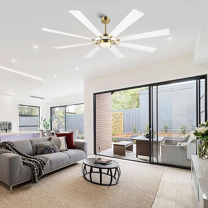 ELEHINSER 80 Inch Ceiling Fan with Lights and 3 Downrods, 8 Plywood Blades, 6-Speed Noiseless Reversible DC Motor, 3CCT, Windmill Ceiling fan for Kitchen Bedroom Living Room, Brass and White