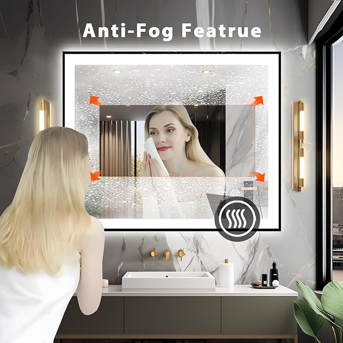 40x30 LED Bathroom Mirror, Black Aluminum Framed, Backlit + Front-Lit, 3 Colors Temperature Changeable, Dimmable Vanity Mirror, Tempered Glass, Defog, Waterproof, Memory (Horizontal/Vertical)