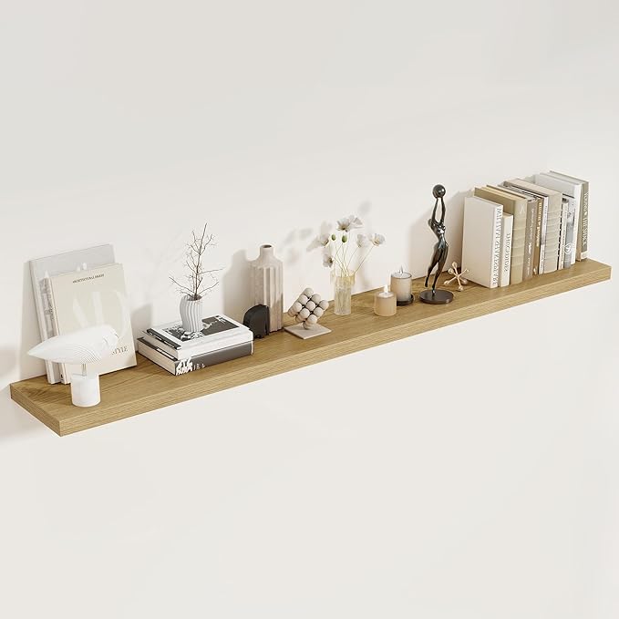 Fun Memories 72 Inch Floating Shelves for Wall, 8 Inch Deep Floating Shelf, Large Shelves with Invisible Bracket for Books|Storage, Rustic Wood Wall Shelf for Bedroom, Kitchen, Living Room, Oak