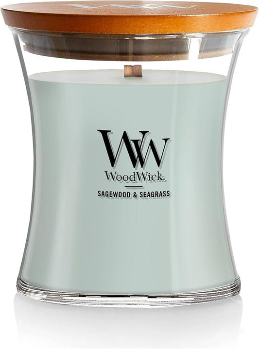 WoodWick Sagewood & Seagrass Gifts for Women and Men, 9.7 oz Medium Hourglass Candle with Crackling Wick