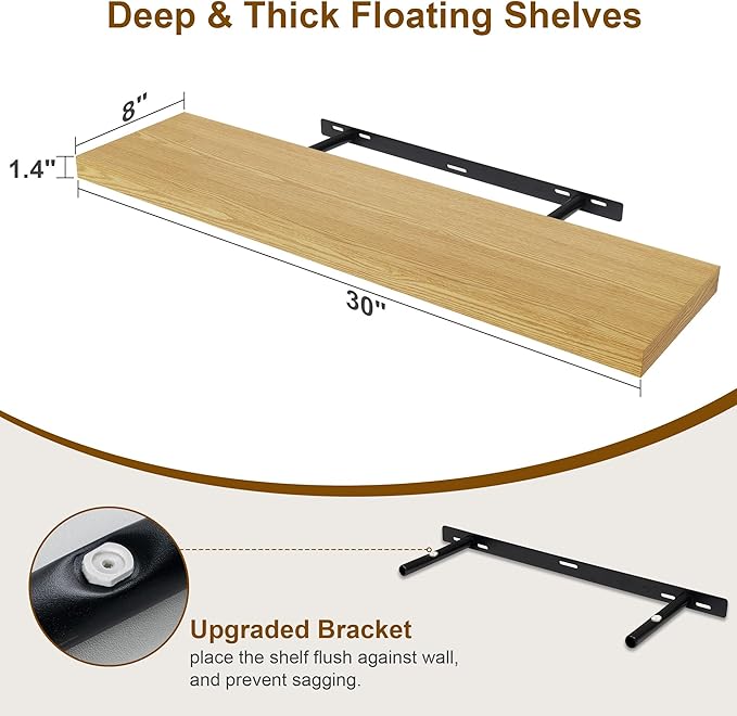 30 Inch Floating Shelves, Rustic Floating Wall Shelves 8 Inch Deep, 30 x 8 Floating Shelves for Home Decor, Deep Display & Storage Shelves for Kitchen, Bathroom, Living Room, Oak Color, Set of 2