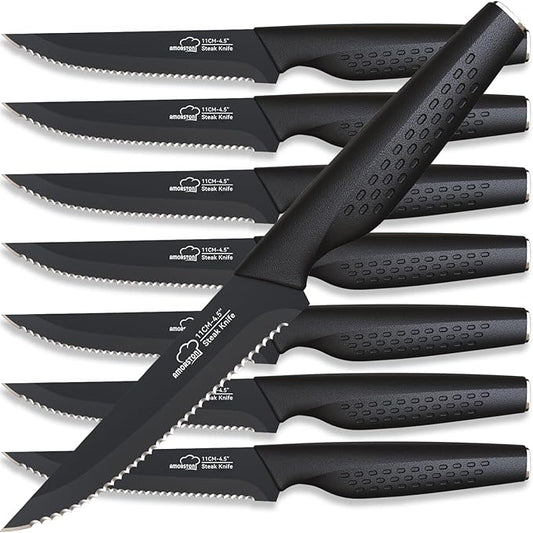 Amorston Steak Knives, Steak Knives Set of 8, Stainless Steel Steak Knife Set, Serrated Knives Dishwasher Safe, Elegant Black