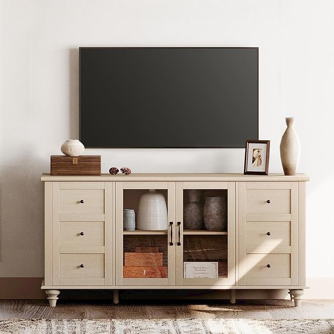 WAMPAT Glass Door Farmhouse TV Stand for TVs Up to 75 inch, Wood Universal TV Console Table with 4 Storage Cabinets, Entertainment Center for 32-75 inch TV Console Cabinet, 58'',Beige