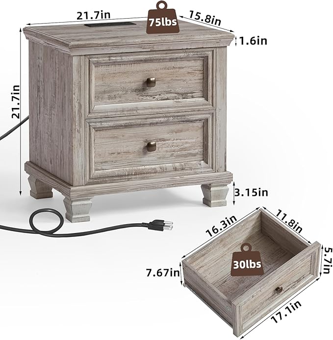 Farmhouse Nightstand with Charging Station, Rustic Low Night Stand with 2 Drawers, Mid-Century Modern End Table with 4 Square Solid Wood Legs, Small Vintage Dresser for Bedroom, Home, Grey