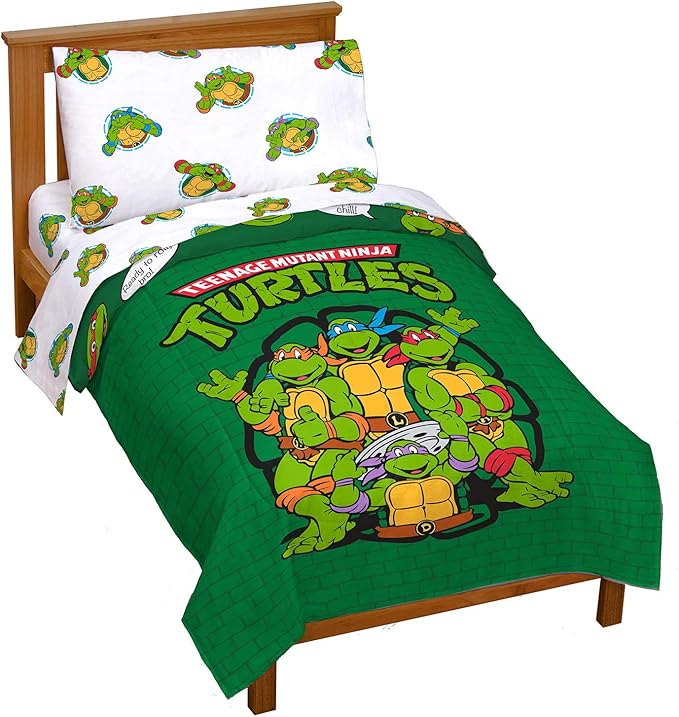Jay Franco Nickelodeon Teenage Mutant Ninja Turtles Green Bricks 4 Piece Toddler Bed Set - Includes Reversible Comforter & Sheet Set Bedding - Super Soft Fade Resistant Microfiber