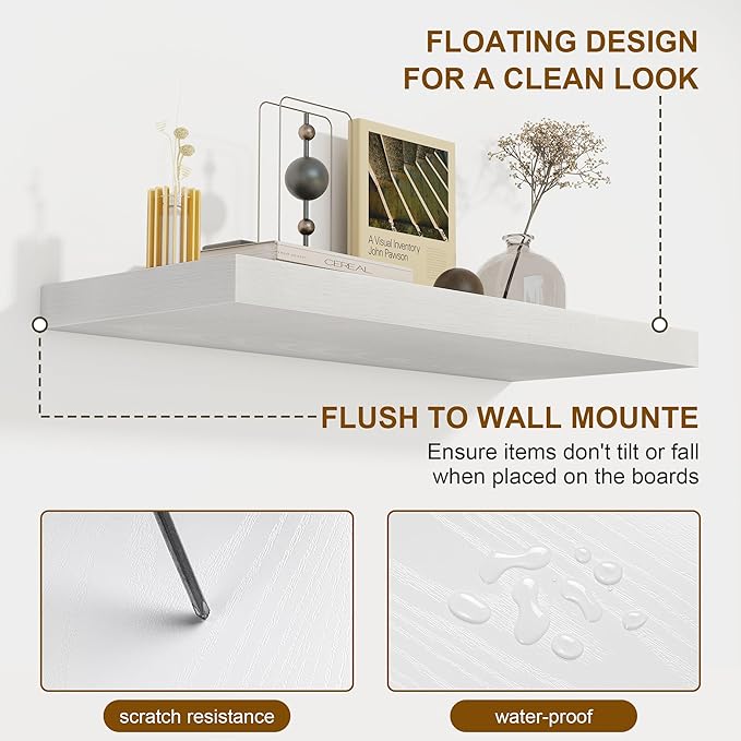 Fun Memories 55 Inch Floating Shelves for Wall 2 Pack Shelves for Bedroom|Kitchen|Bathroom Wall Mounted Rustic Wood Floating Shelf with Invisible Brackets for Books|Storage|Decor, White