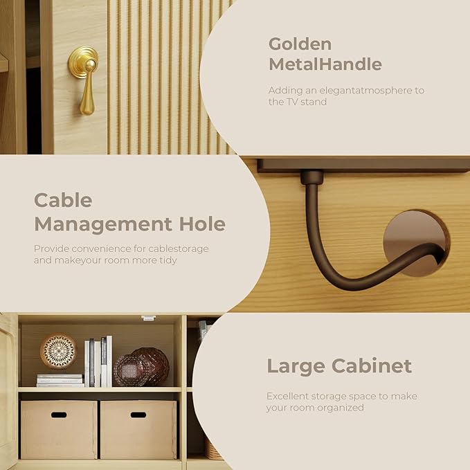 Fluted TV Stands for 70/75/80/85 Inch TV, TV Stand with LED Light and Open Storage Shelf, Mid Century Modern TV Stand with Outlet, Blister Door, Wood TV Cabinet for Living Room, Natural Oak