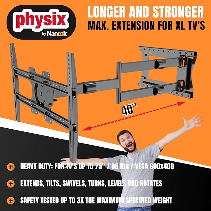 Physix 2100 Long arm TV Wall Mount for 32-75 Inch Screens Extra Long Extension up to 40 Inch Heavy-Duty TV Mount Holds up to 88 lbs Full-Motion, Swivels up to 180° Max. VESA 600x400, Black
