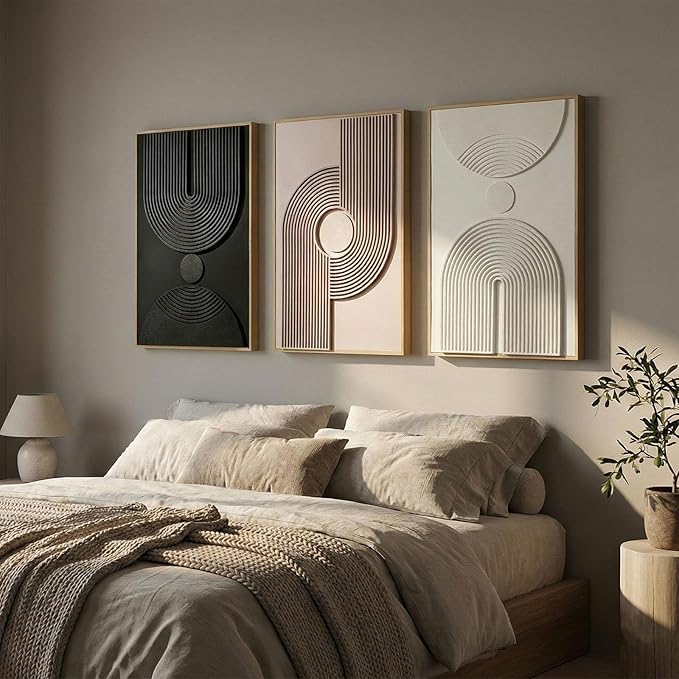 Framed 3D Textured Boho Neutral Abstract Wall Art for Living Room, 3 Piece Mid Century Modern Artwork for Walls, Creamy White Brown Relief Sculptures for Bedroom Hallway Wall Decor 20x30 In