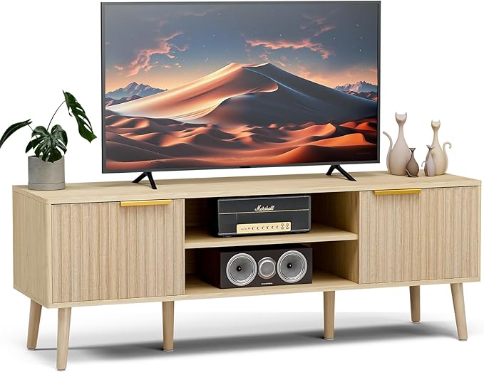 TV Stand for Living Room, Boho Entertainment Center for 55/60 inch TVs, Media Console with Fluted Door Cabinets and Open Shelves, for Bedroom, Oak