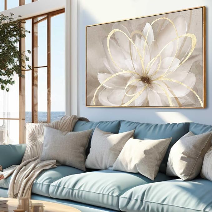 SOUGUAN White Flower Picture Gold Botanical Paintings for Wall Decorations Wall Art for Living Room Bedroom Office Home Decor 24"x36"