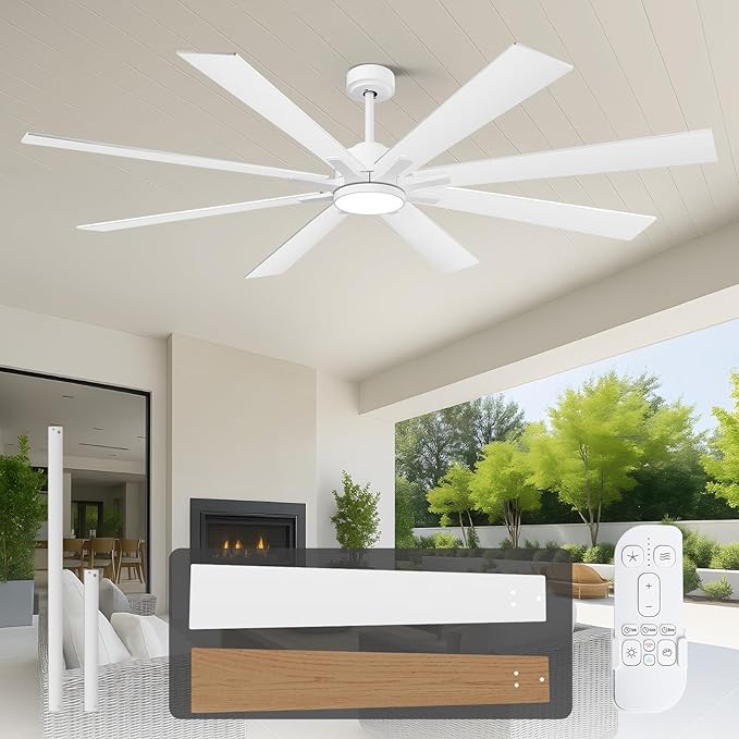 72 Inch Large Outdoor Ceiling Fans for Paitos with Light Remote, Modern Industrial Ceiling Fan with White/Oak Blade 6 Speed Quiet Reversible DC Motor, Dimmable High CFM Ceiling Fan for Indoor/Exterior