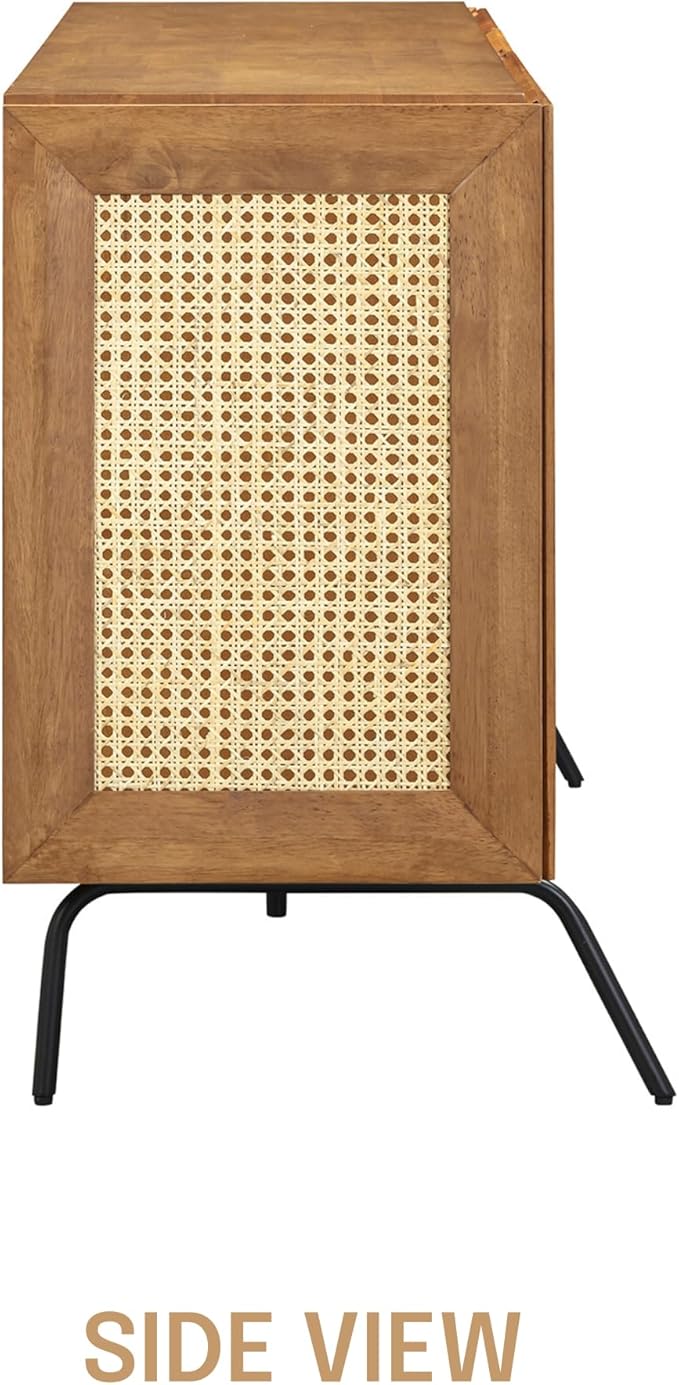 NTC MOSSIC Modern Sideboard with 4 Doors, Natural Rattan Storage Cabinet, Buffet with Metal Legs, Boho Accent Cabinet for Living Room, and Entryway, Effortless Assembly, Teak Look