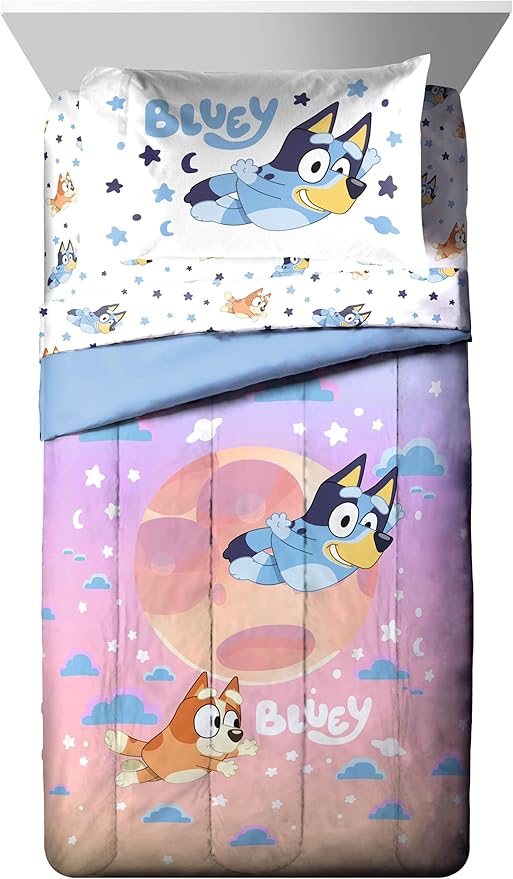 Jay Franco Bluey & Bingo Full Comforter Set - 7 Piece Bed Set Includes Sheet Set & Pillow Covers - Super Soft Clouds & Stars Kids Bedding