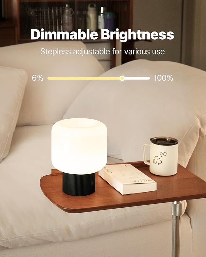 Halo Mushroom Lamp, 5W Cute Cordless Rechargeable Table Lamp with Glass Shade, 3 Color Temps LED Dimmable Ambient Lighting, Small Retro Touch Bedside Light for Bedroom Decor, Black